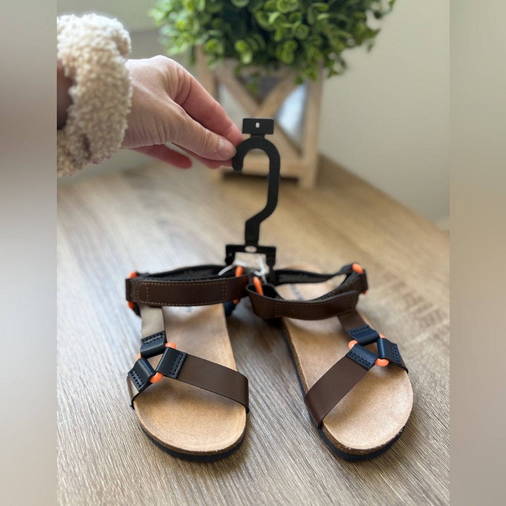Brown and Black Sandals with Orange Accents